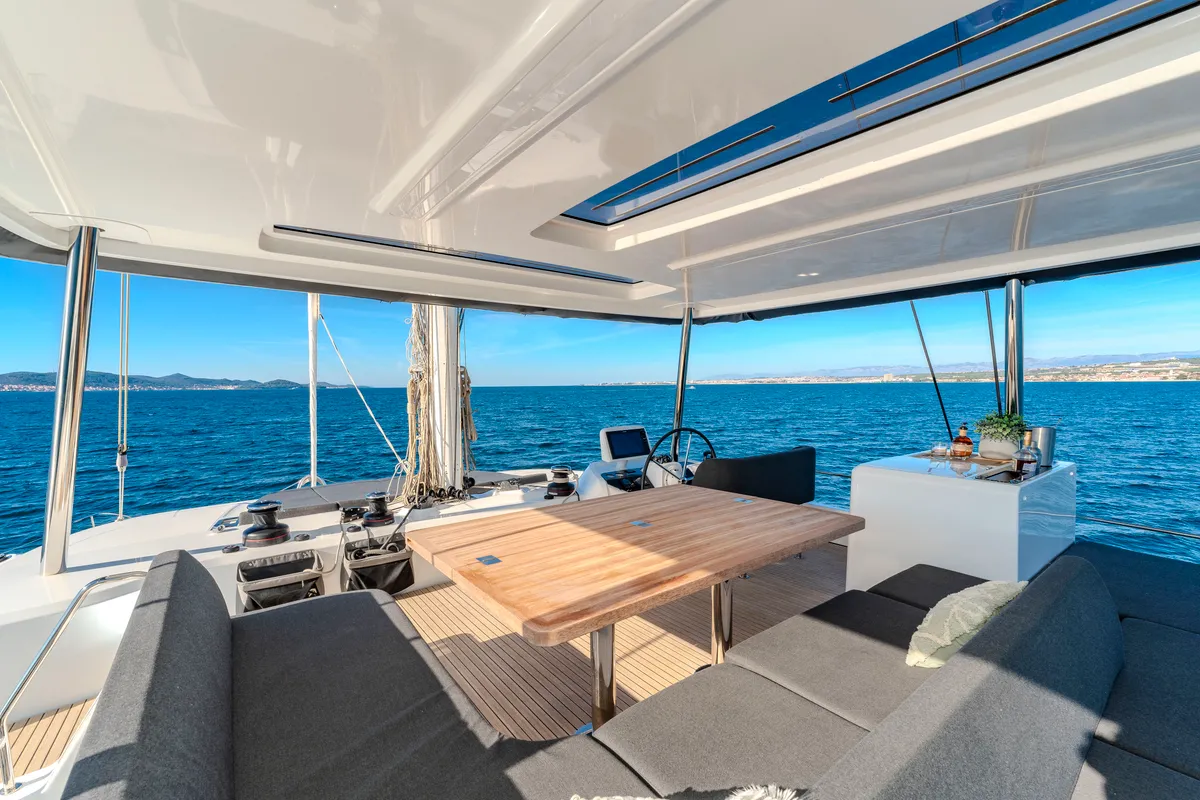 Cockpit of Black Caviar, a Lagoon 55 catamaran at Split, Croatia