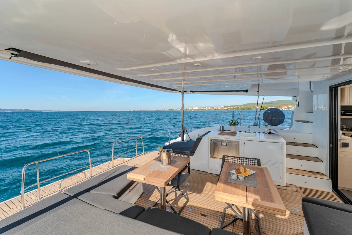 Deck of Black Caviar, a Lagoon 55 catamaran at Split, Croatia