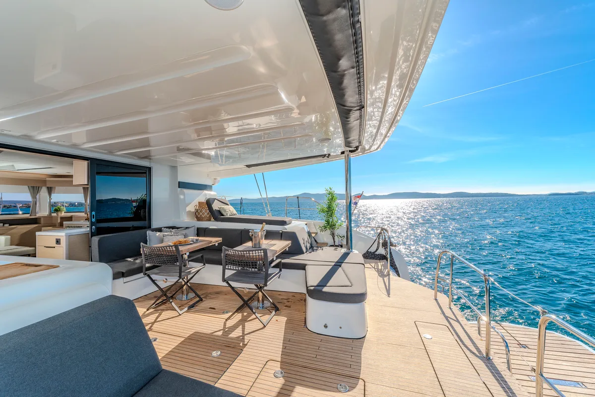 Deck of Black Caviar, a Lagoon 55 catamaran at Split, Croatia