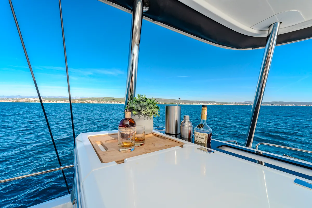 Deck of Black Caviar, a Lagoon 55 catamaran at Split, Croatia