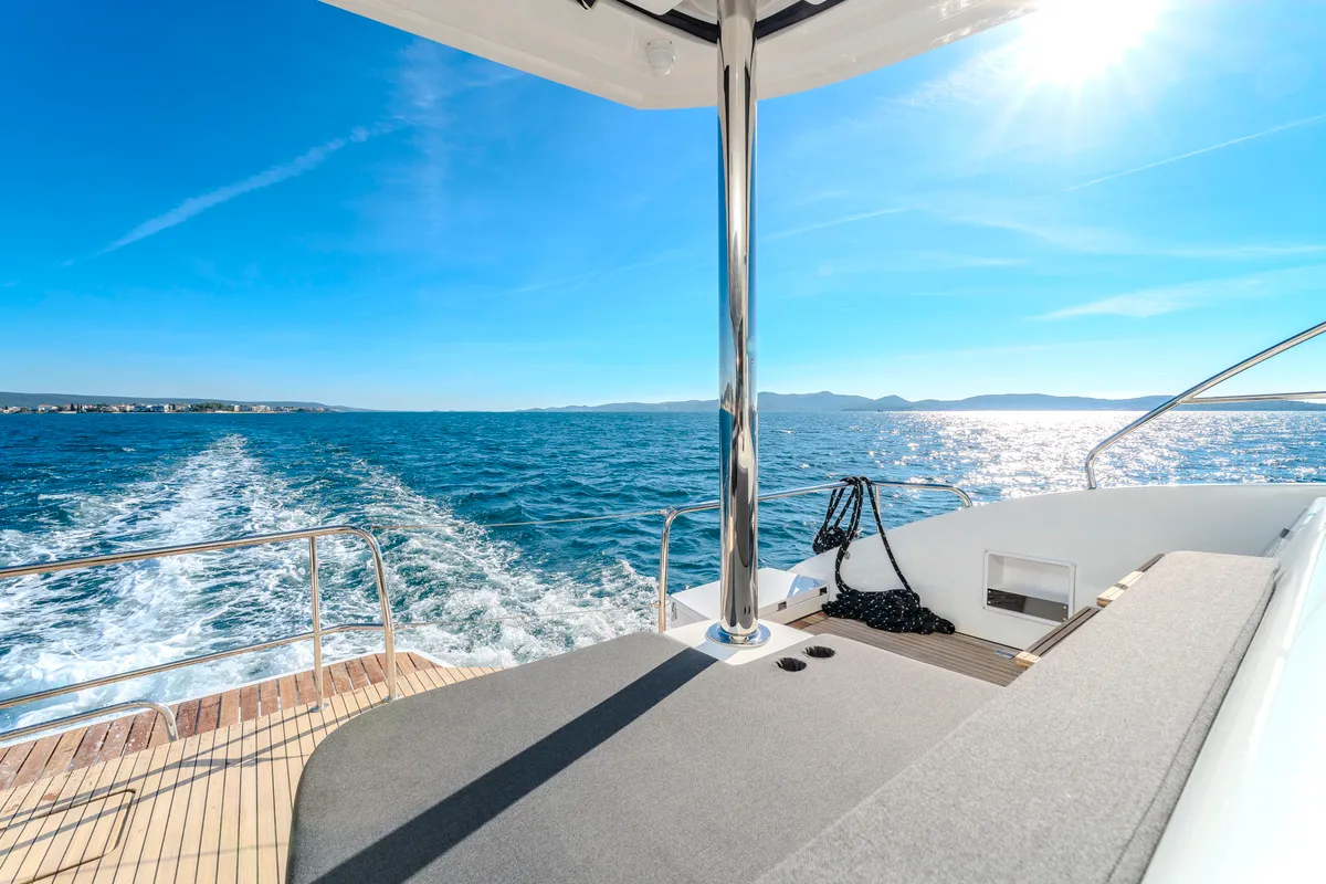 Exterior view of Black Caviar, a Lagoon 55 catamaran at Split, Croatia