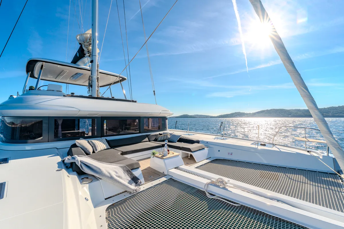 Exterior view of Black Caviar, a Lagoon 55 catamaran at Split, Croatia