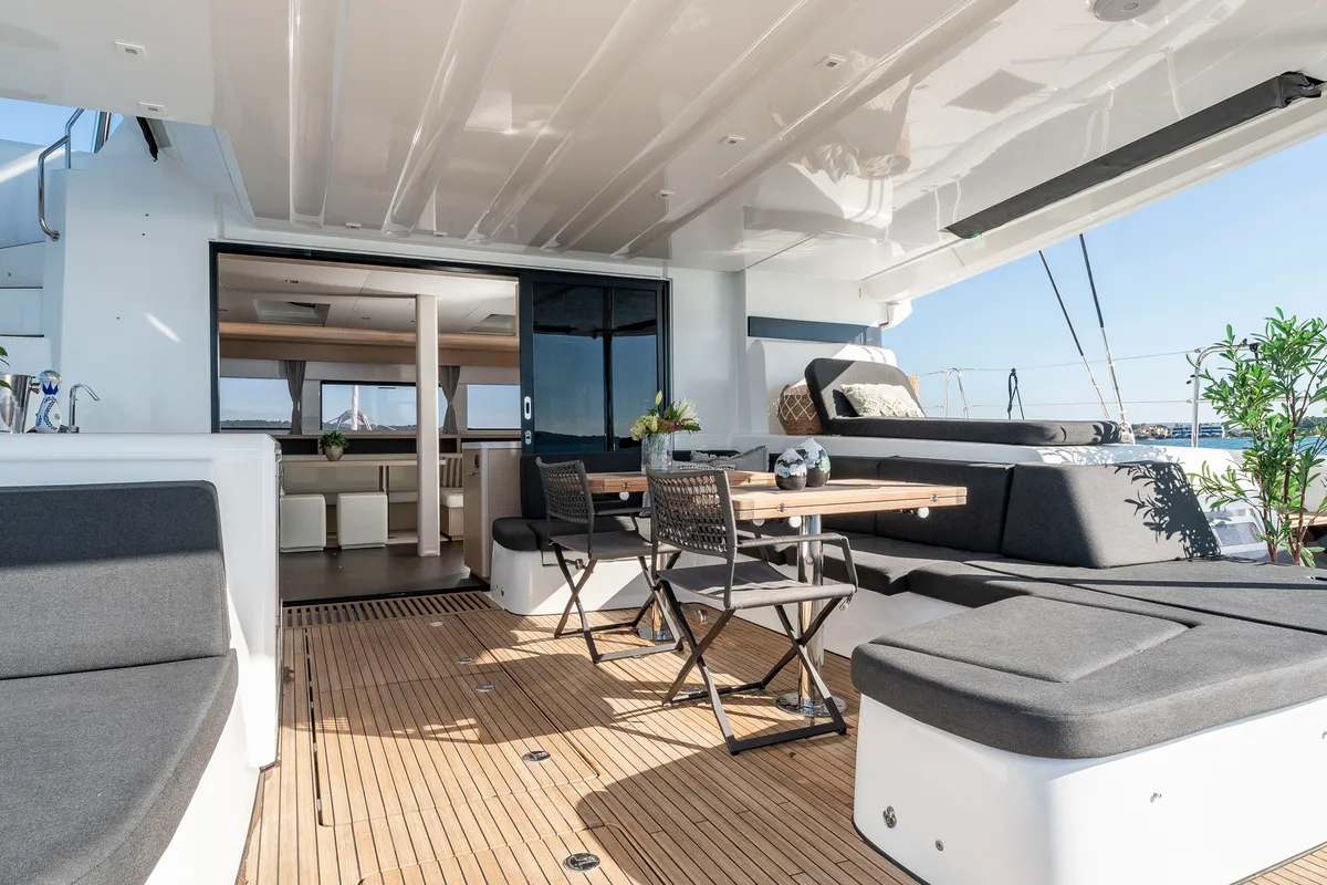 Deck of Black Caviar, a Lagoon 55 catamaran at Split, Croatia
