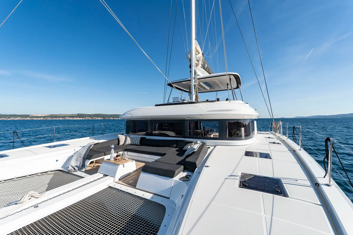 Exterior view of Black Caviar, a Lagoon 55 catamaran at Split, Croatia