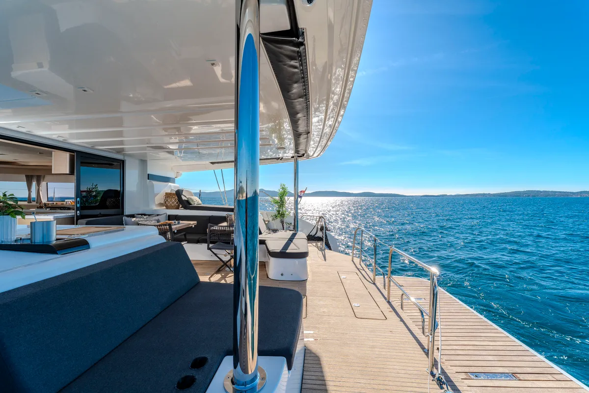 Deck of Black Caviar, a Lagoon 55 catamaran at Split, Croatia