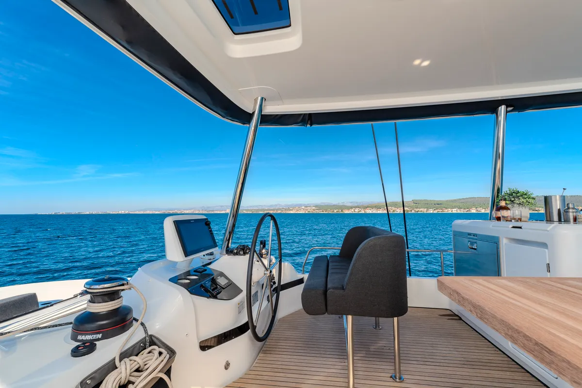 Cockpit of Black Caviar, a Lagoon 55 catamaran at Split, Croatia