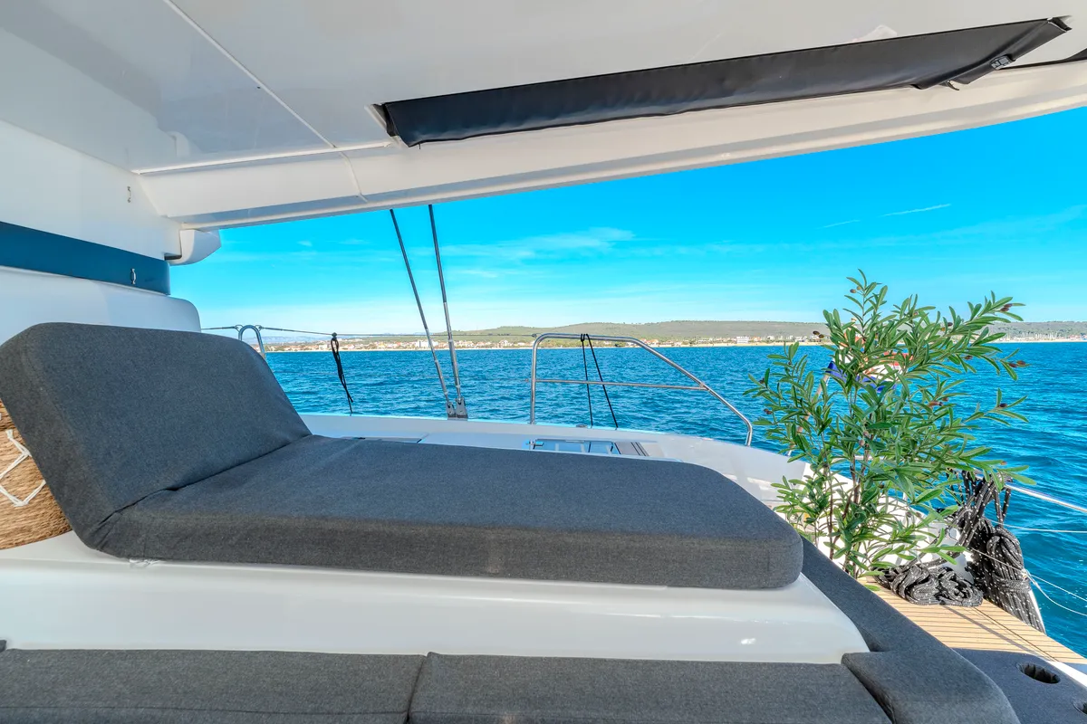 Deck of Black Caviar, a Lagoon 55 catamaran at Split, Croatia