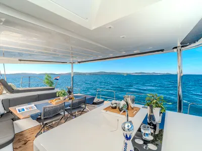 Deck of Black Caviar, a Lagoon 55 catamaran at Split, Croatia