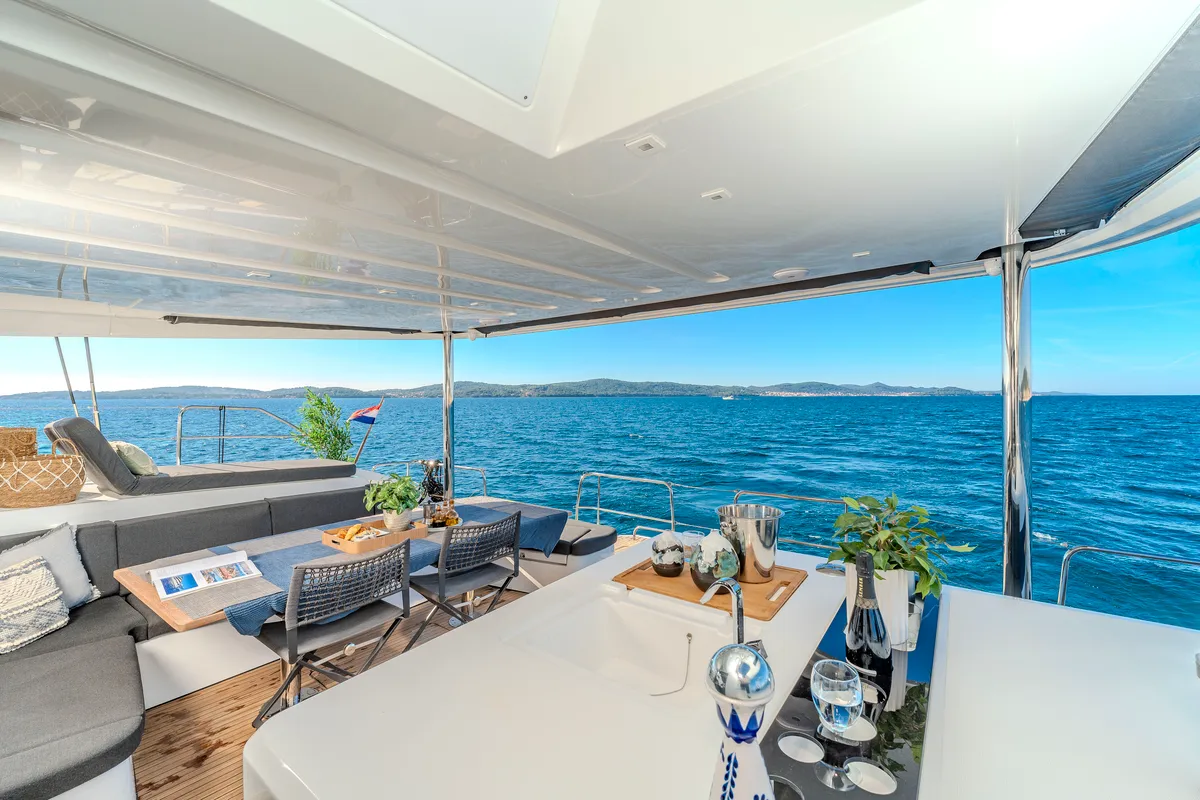 Deck of Black Caviar, a Lagoon 55 catamaran at Split, Croatia