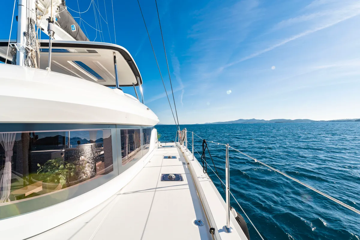 Exterior view of Black Caviar, a Lagoon 55 catamaran at Split, Croatia