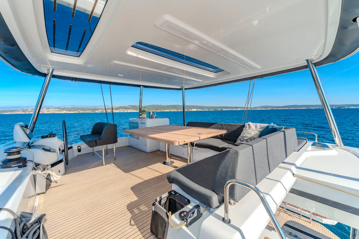 Cockpit of Black Caviar, a Lagoon 55 catamaran at Split, Croatia