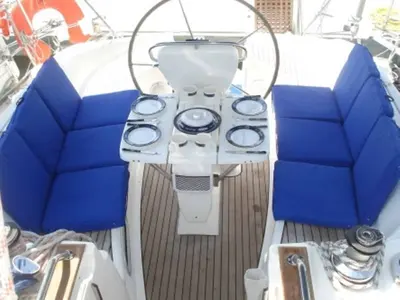 Cockpit of Noelle, a Bavaria 38 sailboat at Port of Avdira, Greece