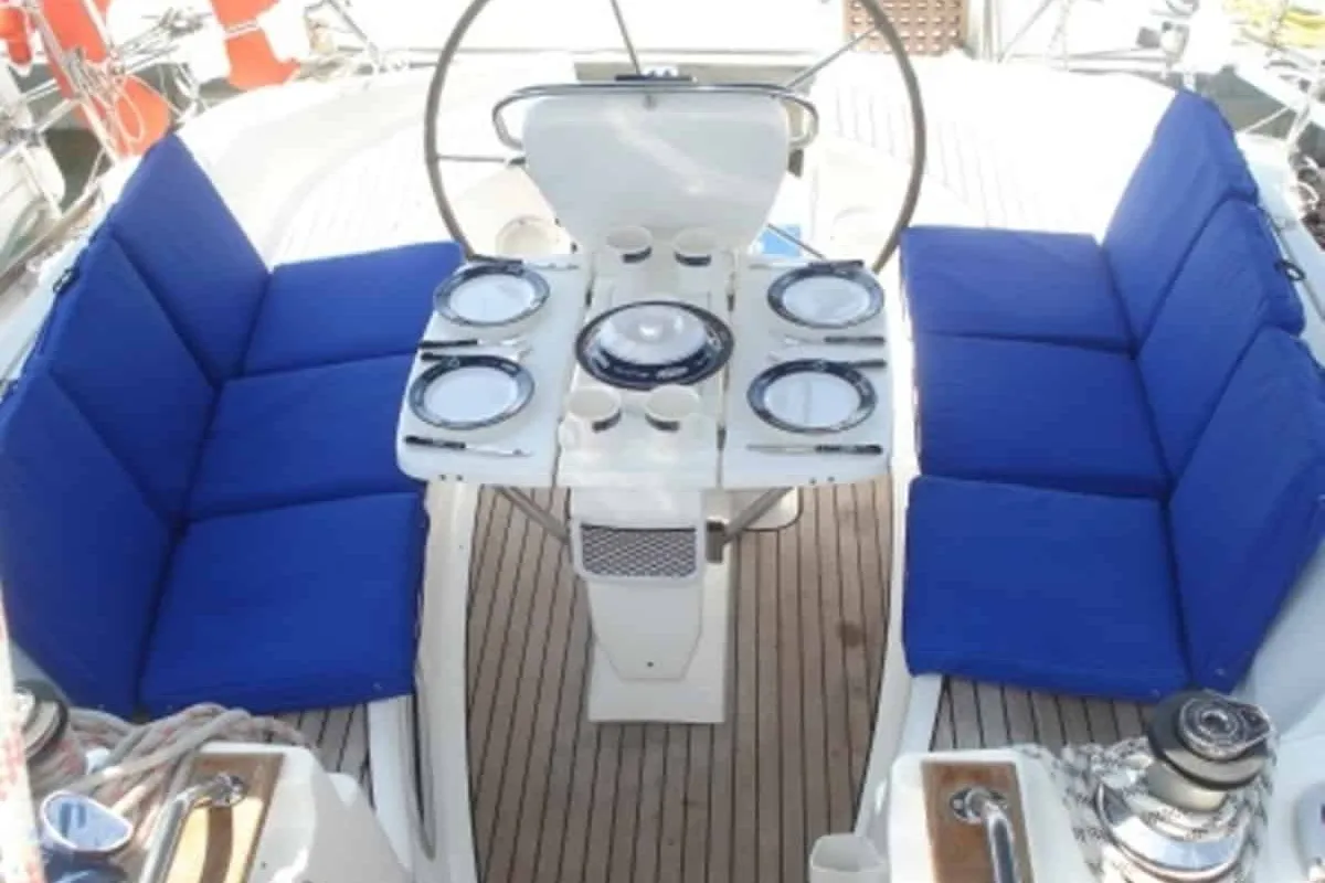 Cockpit of Noelle, a Bavaria 38 sailboat at Port of Avdira, Greece