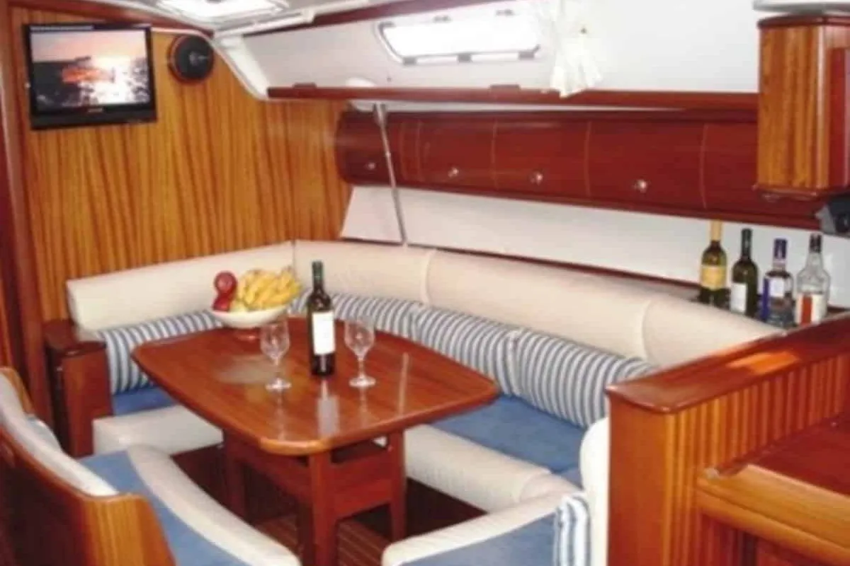 Salon of Noelle, a Bavaria 38 sailboat at Port of Avdira, Greece