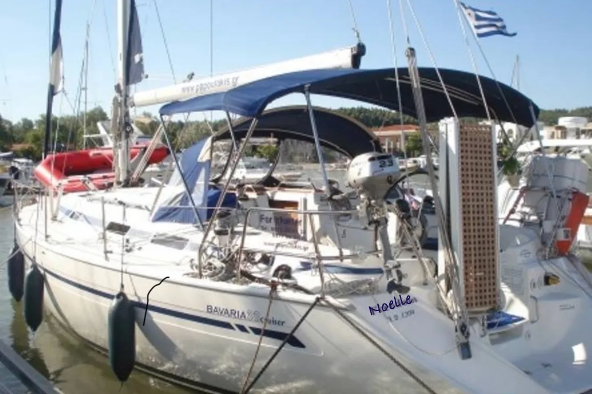 Exterior view of Noelle, a Bavaria 38 sailboat at Port of Avdira, Greece
