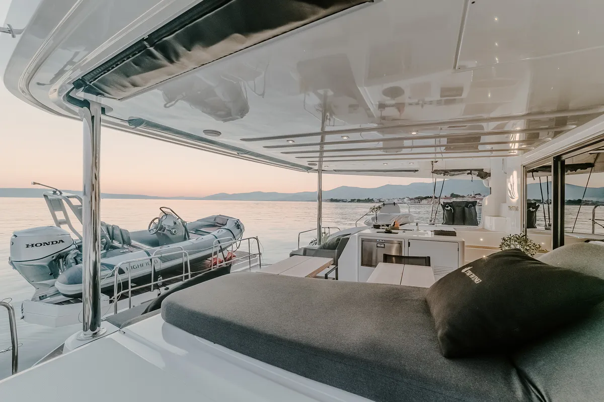 Deck of Triwing Ossus, a Lagoon 55 catamaran at Grad Kaštela, Croatia