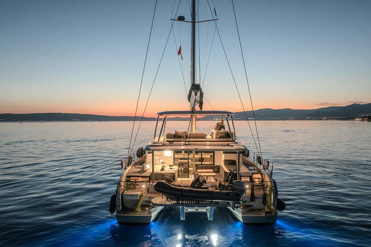 Exterior view of Triwing Ossus, a Lagoon 55 catamaran at Grad Kaštela, Croatia