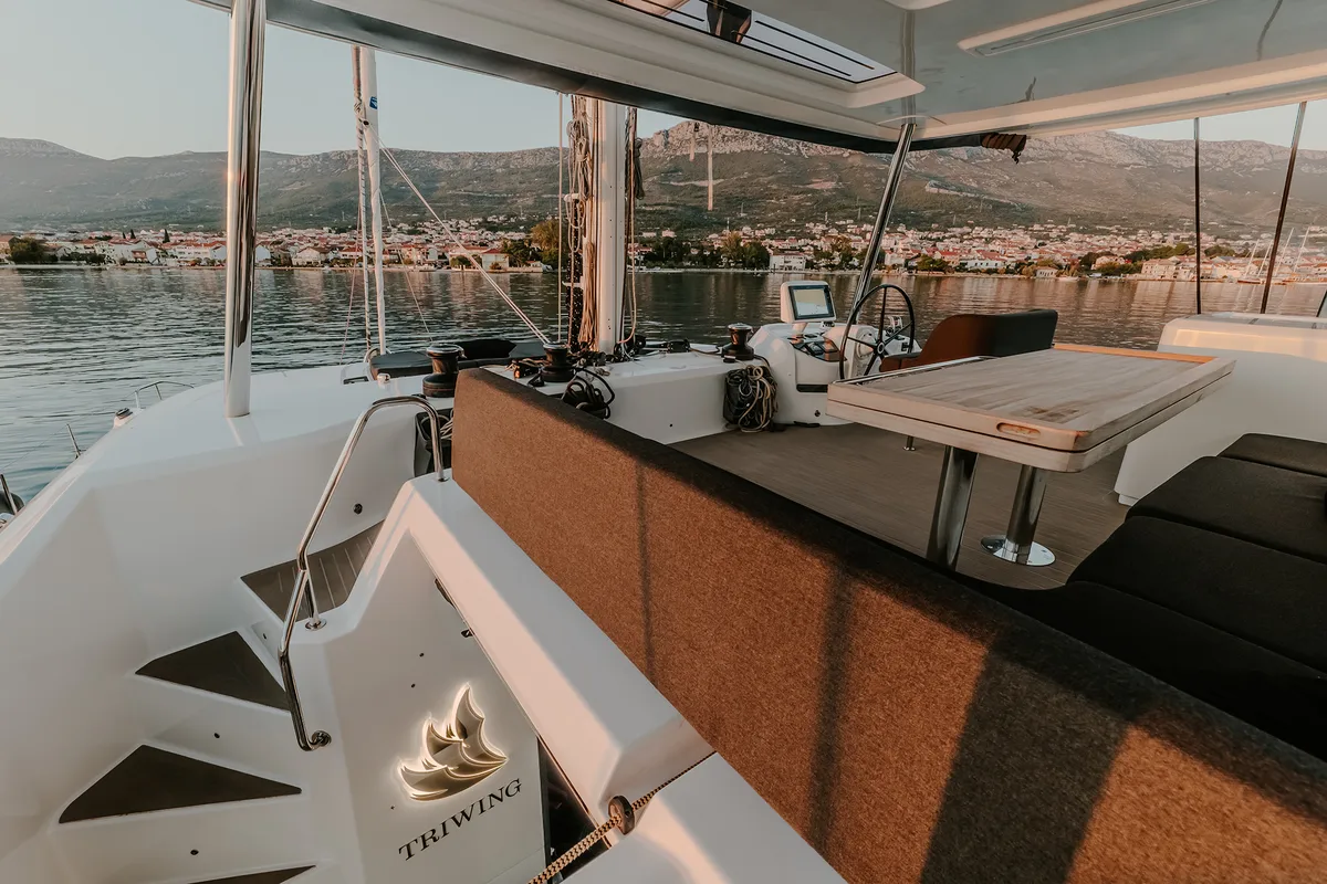 Cockpit of Triwing Ossus, a Lagoon 55 catamaran at Grad Kaštela, Croatia