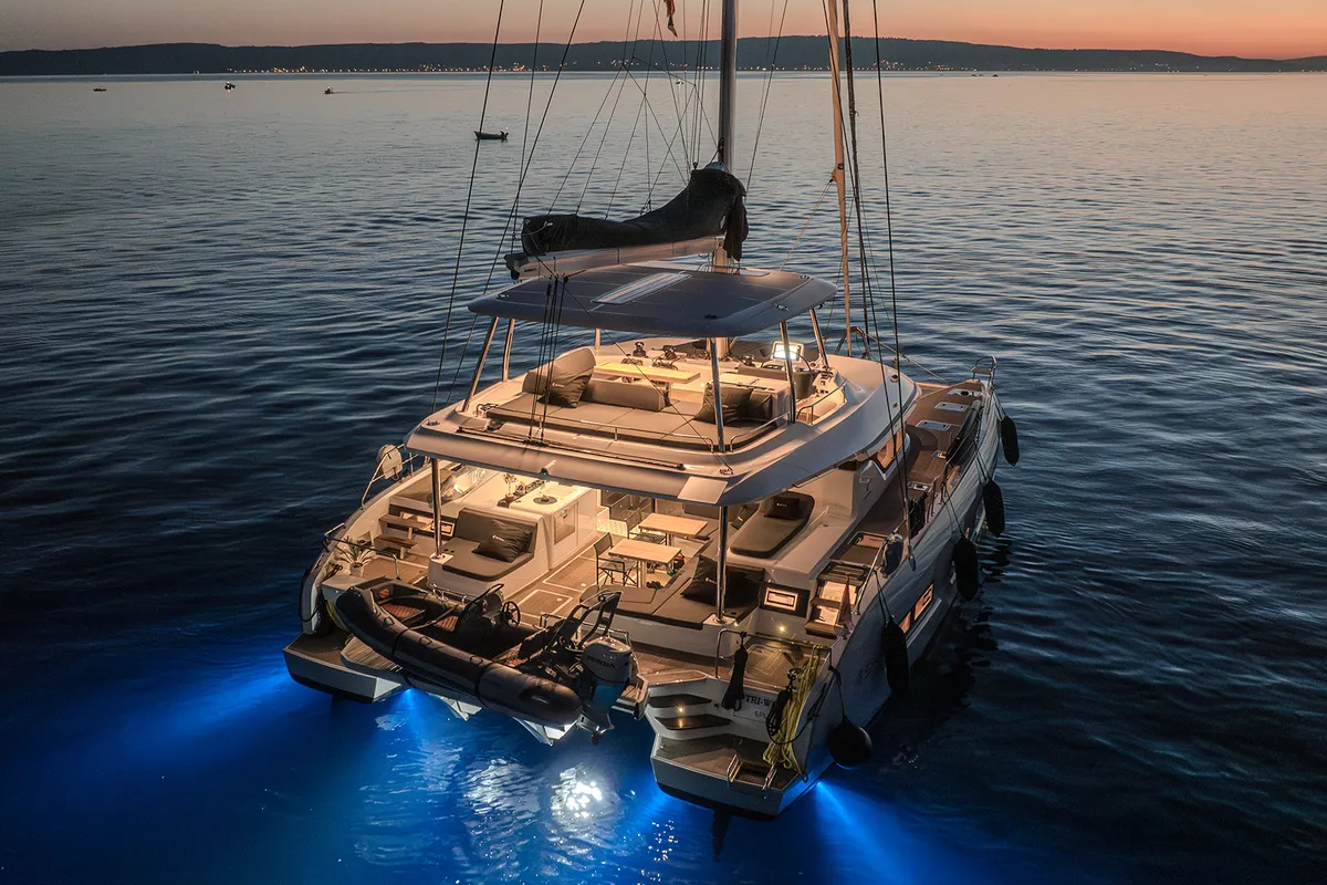 Exterior view of Triwing Ossus, a Lagoon 55 catamaran at Grad Kaštela, Croatia