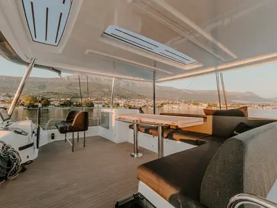 Cockpit of Triwing Ossus, a Lagoon 55 catamaran at Grad Kaštela, Croatia