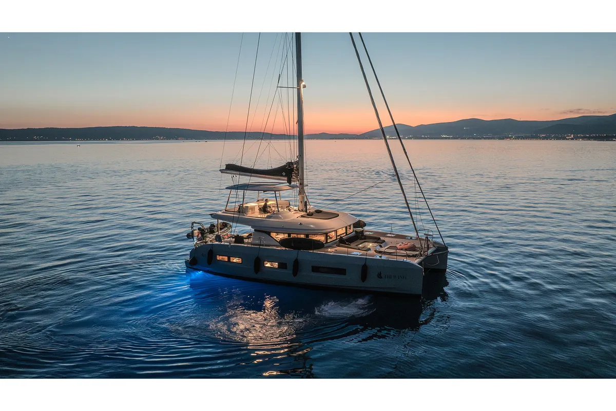 Exterior view of Triwing Ossus, a Lagoon 55 catamaran at Grad Kaštela, Croatia