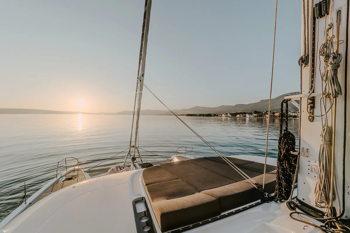 Deck of Triwing Ossus, a Lagoon 55 catamaran at Grad Kaštela, Croatia