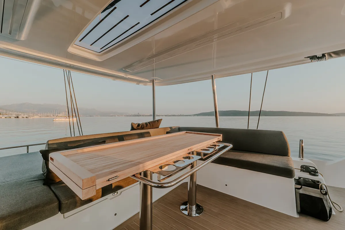 Cockpit of Triwing Ossus, a Lagoon 55 catamaran at Grad Kaštela, Croatia