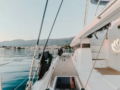 Deck of Triwing Ossus, a Lagoon 55 catamaran at Grad Kaštela, Croatia