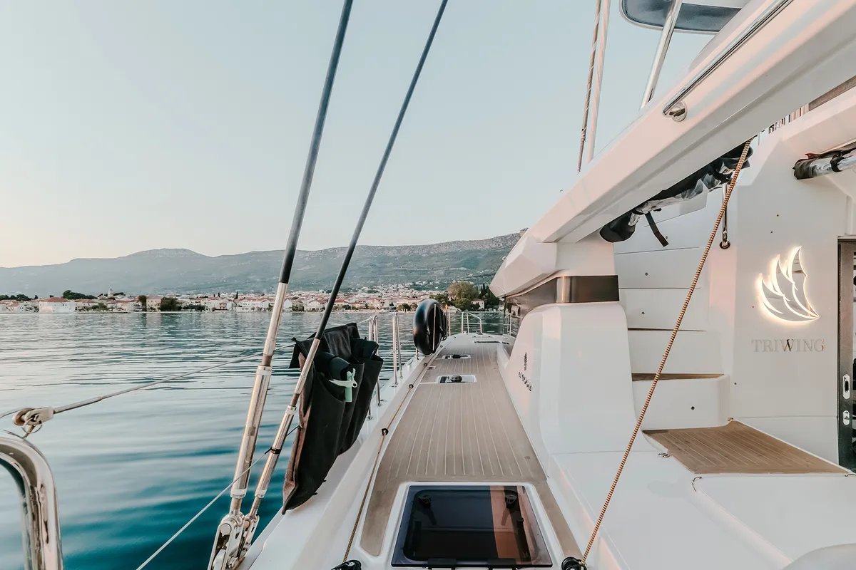 Deck of Triwing Ossus, a Lagoon 55 catamaran at Grad Kaštela, Croatia