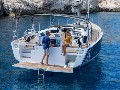 Deck of Hermes, a Bali Catspace catamaran at Preveza, Greece