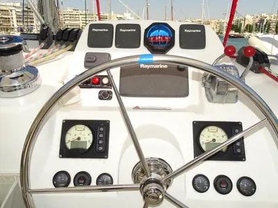 Cockpit of La Luna, a Leopard 44 catamaran at Cienfuegos, Cuba