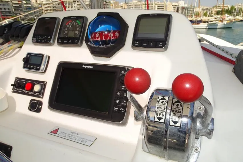 Cockpit of La Luna, a Leopard 44 catamaran at Cienfuegos, Cuba