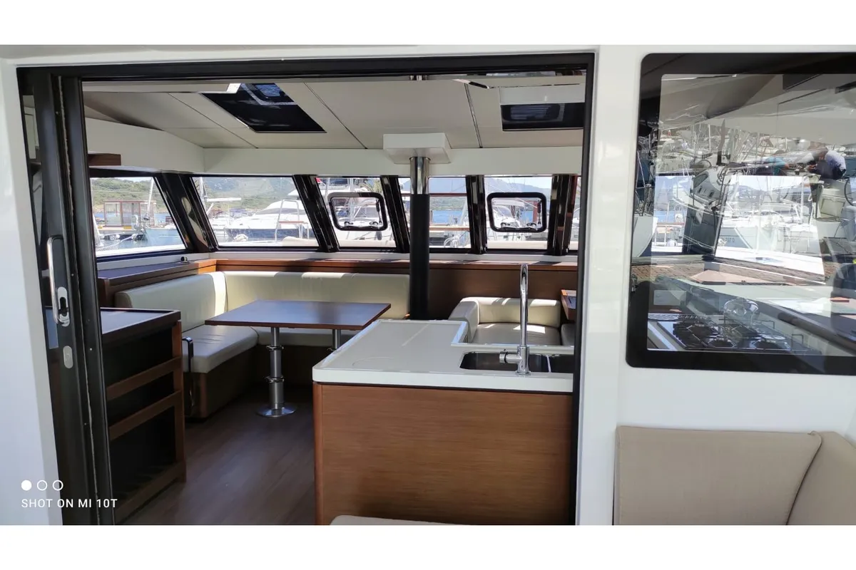 Salon of Sardinia II, a Nautitech 46 Fly catamaran at Figari, Italy