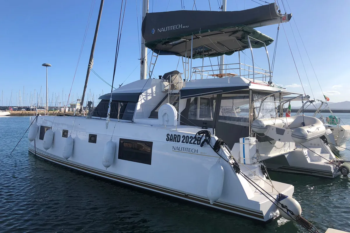Exterior view of Sardinia II, a Nautitech 46 Fly catamaran at Figari, Italy
