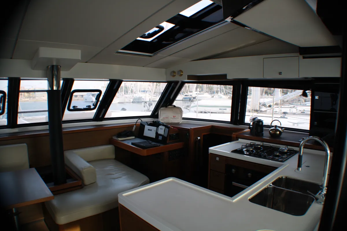 Salon of Sardinia II, a Nautitech 46 Fly catamaran at Figari, Italy