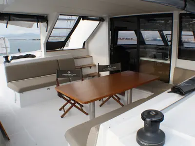 Deck of Sardinia II, a Nautitech 46 Fly catamaran at Figari, Italy