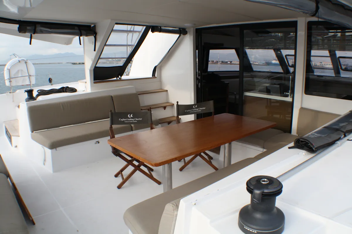 Deck of Sardinia II, a Nautitech 46 Fly catamaran at Figari, Italy