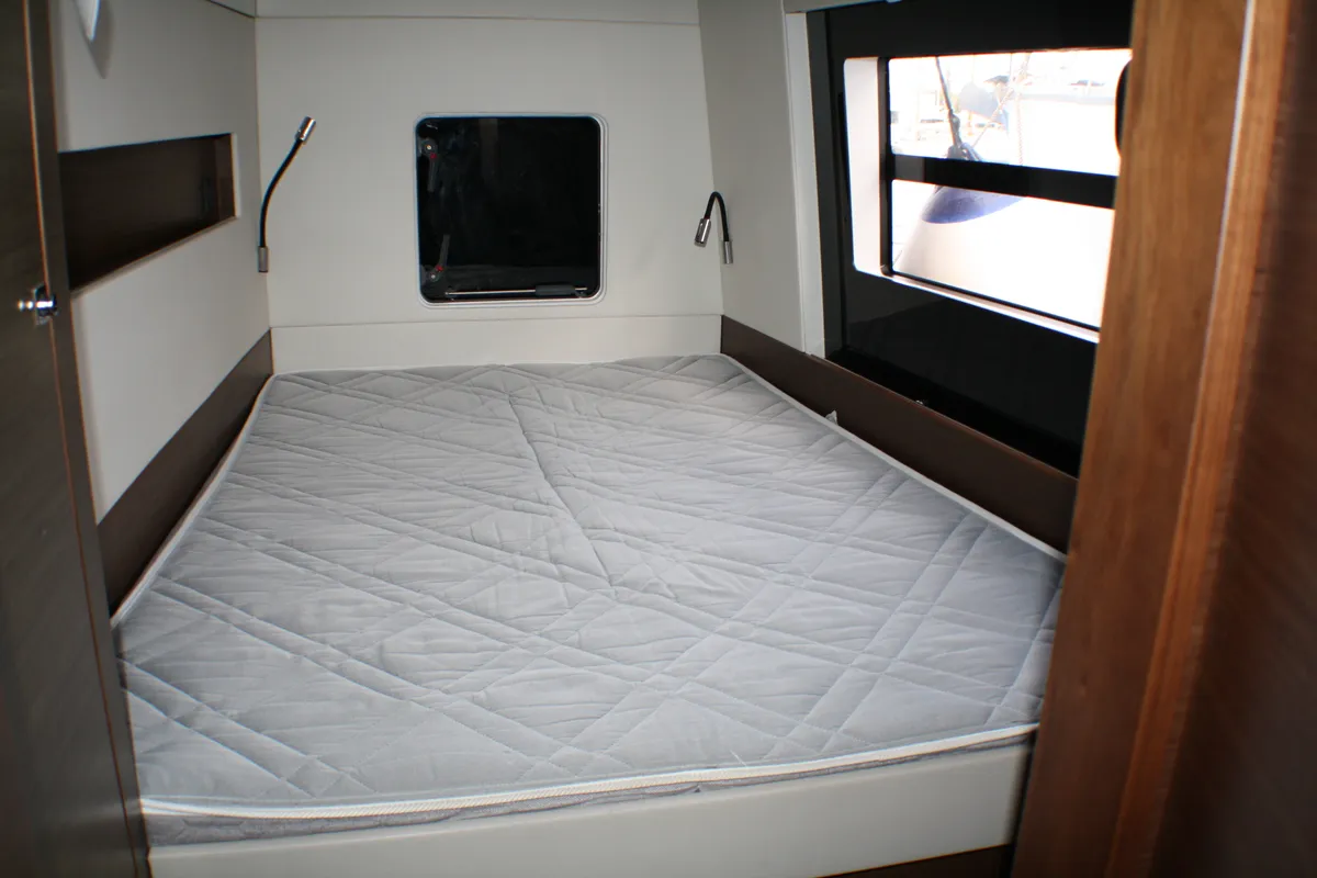Cabin on Sardinia II, a Nautitech 46 Fly catamaran at Figari, Italy