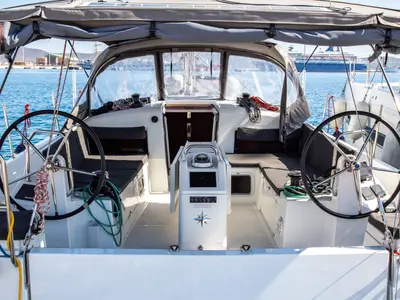 Cockpit of Monolith, a Jeanneau Sun Odyssey 440 sailboat at Municipal Unit of Ellomenos, Greece