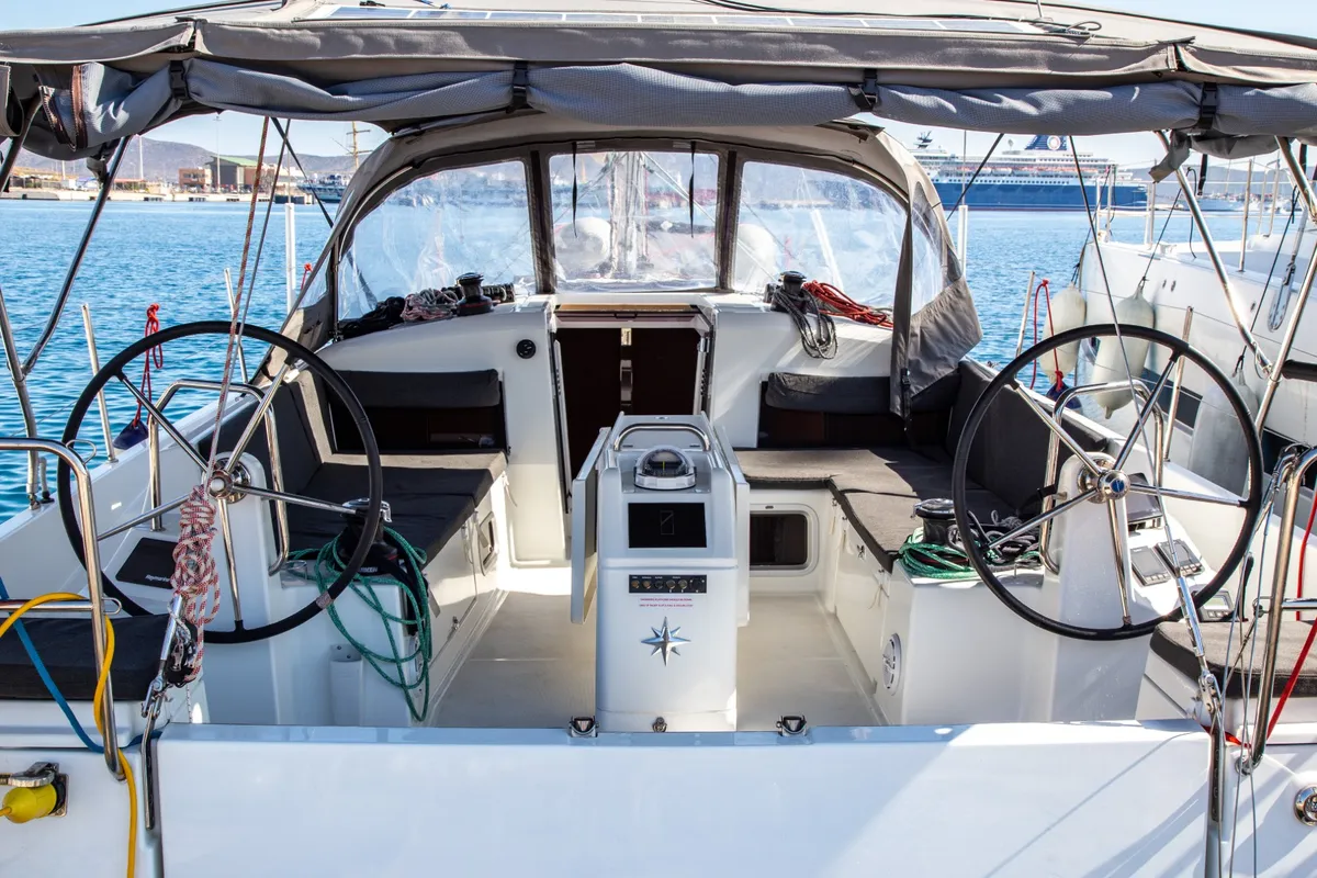 Cockpit of Monolith, a Jeanneau Sun Odyssey 440 sailboat at Municipal Unit of Ellomenos, Greece