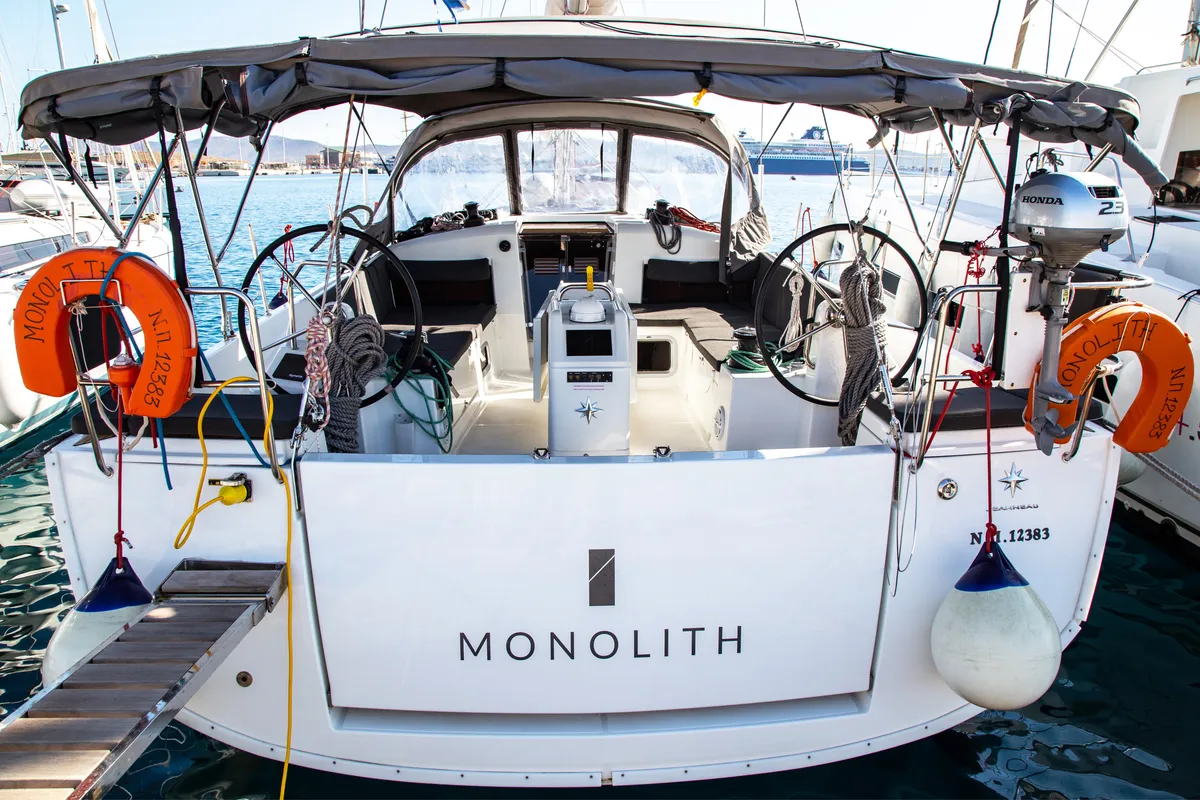 Cockpit of Monolith, a Jeanneau Sun Odyssey 440 sailboat at Municipal Unit of Ellomenos, Greece