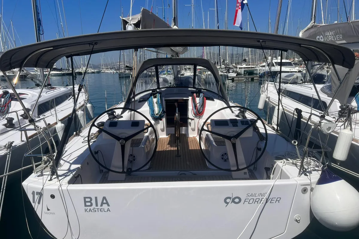 Cockpit of Flora, a AD Boats Salona 46 sailboat at Kaštela, Croatia