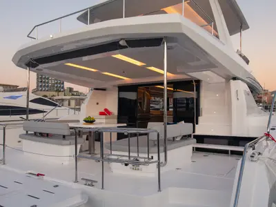 Deck of Leopard 53 PC Club, a Leopard 53 PC catamaran at Road Town, British Virgin Islands