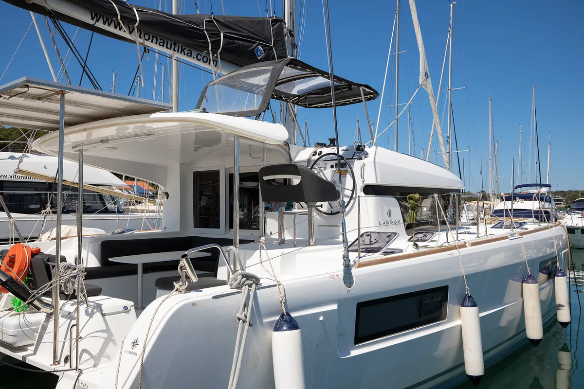 Exterior view of Yolo, a Lagoon 40 catamaran at Općina Medulin, Croatia