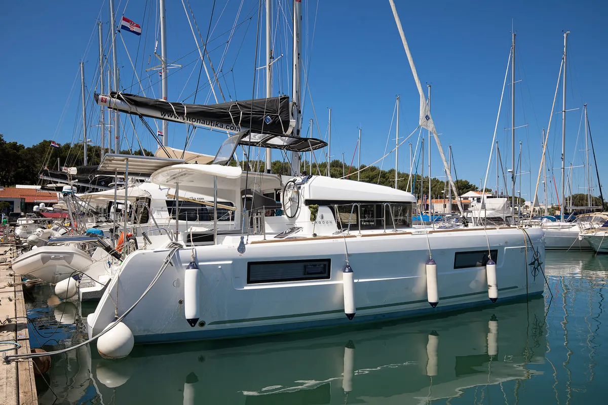 Exterior view of Yolo, a Lagoon 40 catamaran at Općina Medulin, Croatia