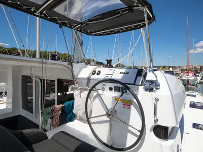 Cockpit of Yolo, a Lagoon 40 catamaran at Općina Medulin, Croatia
