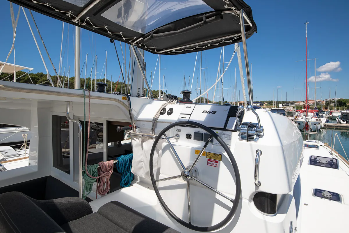 Cockpit of Yolo, a Lagoon 40 catamaran at Općina Medulin, Croatia