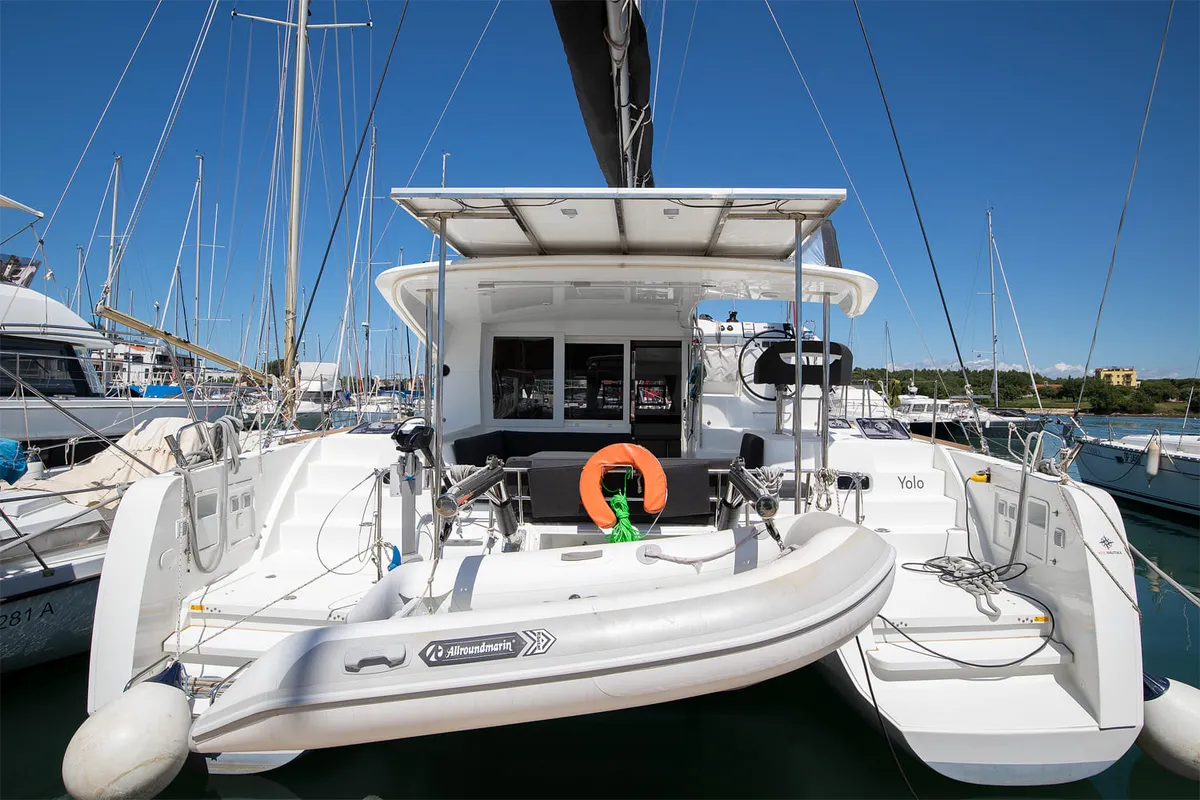 Exterior view of Yolo, a Lagoon 40 catamaran at Općina Medulin, Croatia