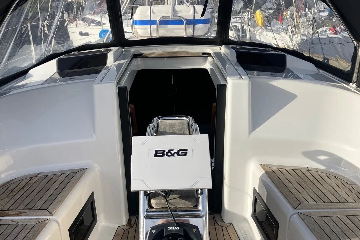 Cockpit of KORMORAN, a Hanse 348 sailboat at Gothenburg, Sweden