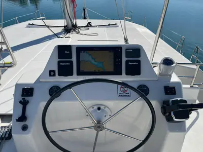 Cockpit of Dreamland, a Dufour 48 Catamaran catamaran at Split, Croatia